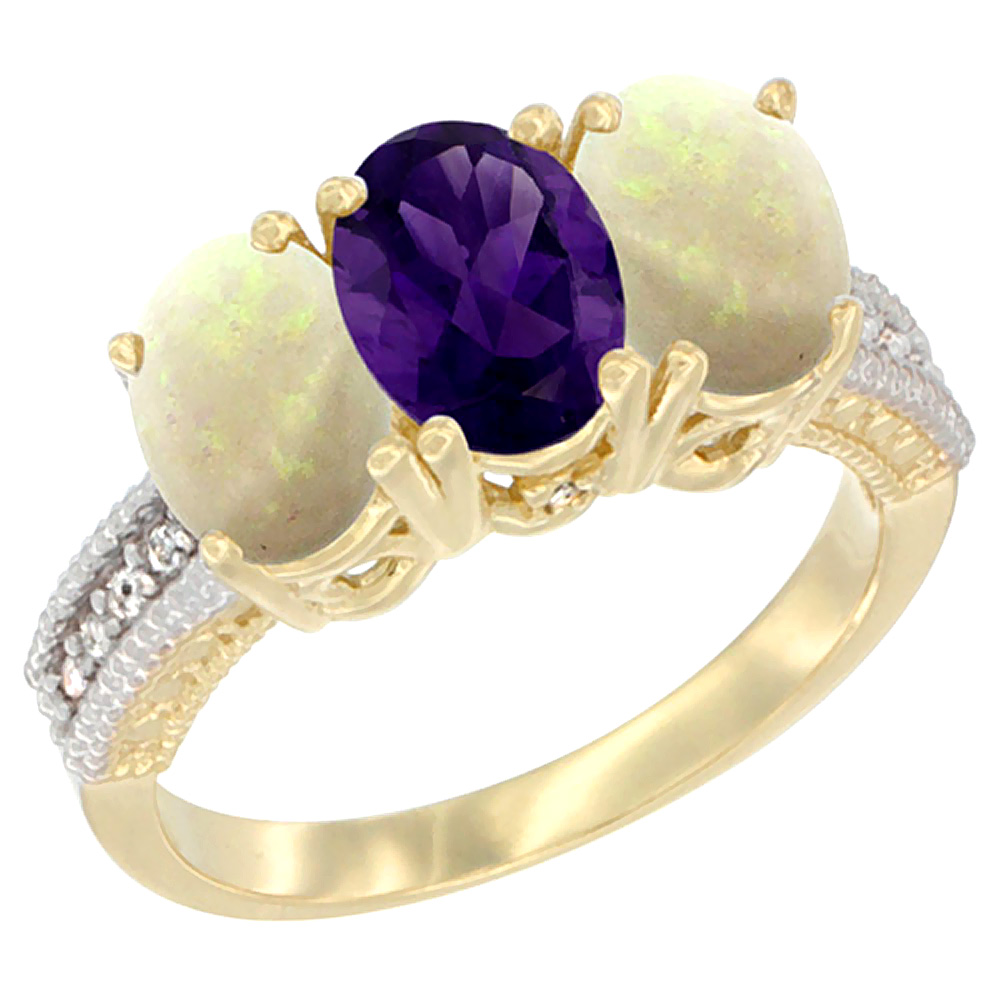 10K Yellow Gold Natural Amethyst & Opal Ring 3-Stone Oval 7x5 mm Diamond Accent, sizes 5 - 10
