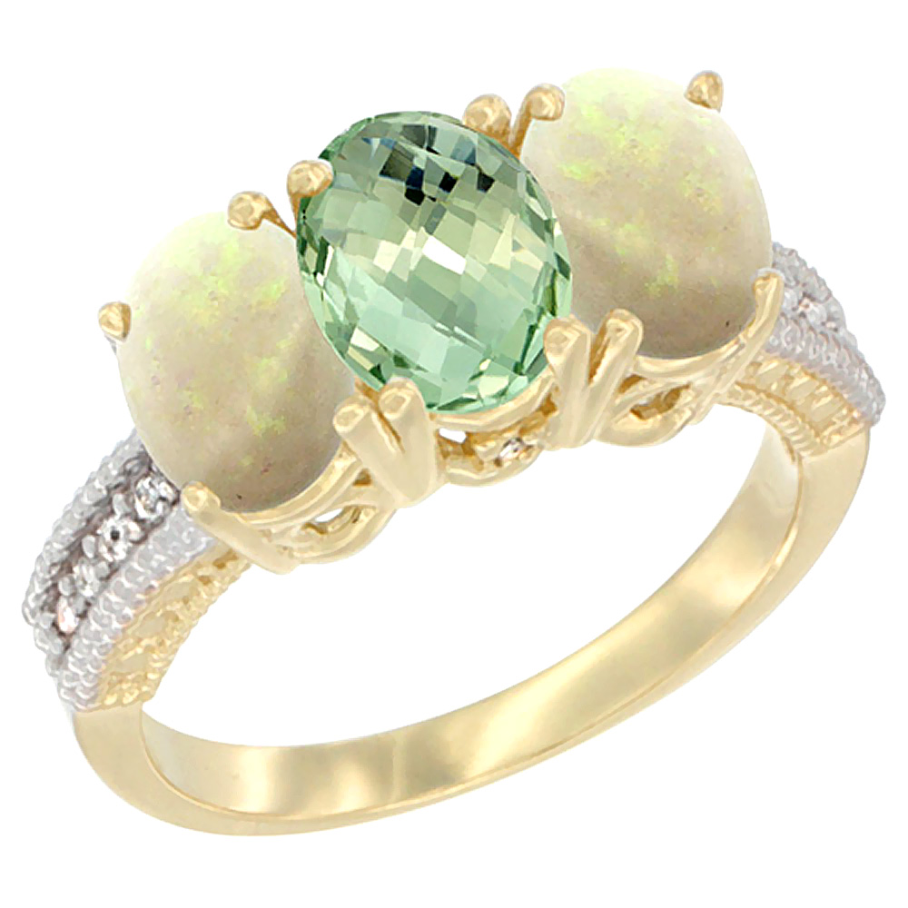 10K Yellow Gold Natural Green Amethyst & Opal Ring 3-Stone Oval 7x5 mm Diamond Accent, sizes 5 - 10
