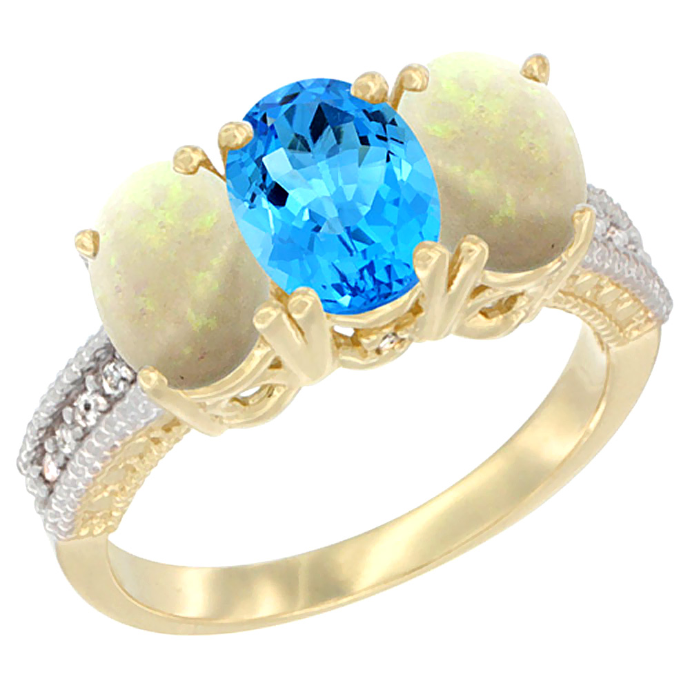 10K Yellow Gold Natural Swiss Blue Topaz & Opal Ring 3-Stone Oval 7x5 mm Diamond Accent, sizes 5 - 10