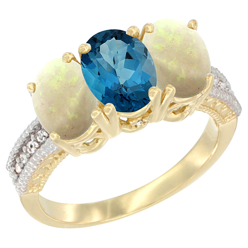 10K Yellow Gold Natural London Blue Topaz & Opal Ring 3-Stone Oval 7x5 mm Diamond Accent, sizes 5 - 10