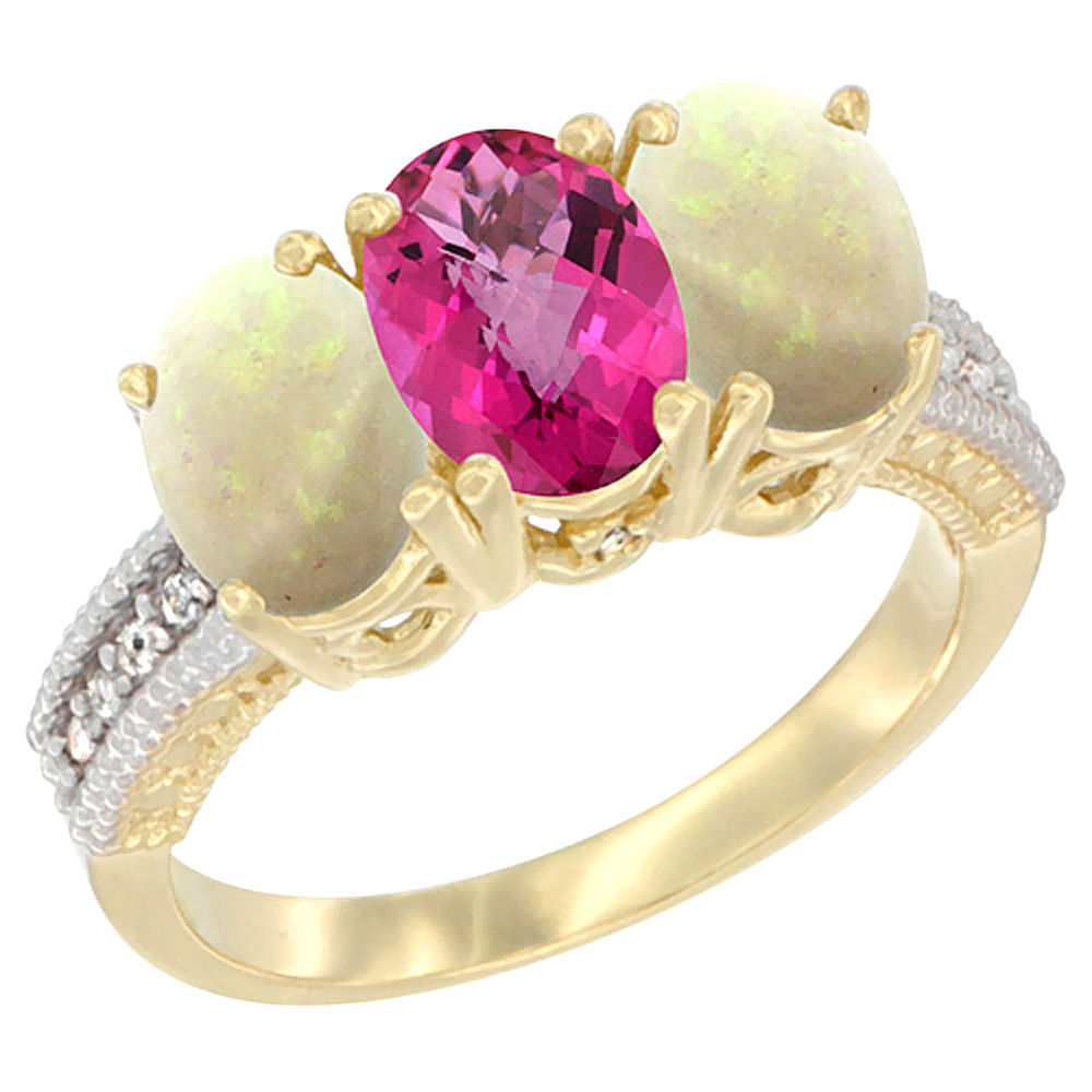 10K Yellow Gold Natural Pink Topaz & Opal Ring 3-Stone Oval 7x5 mm Diamond Accent, sizes 5 - 10