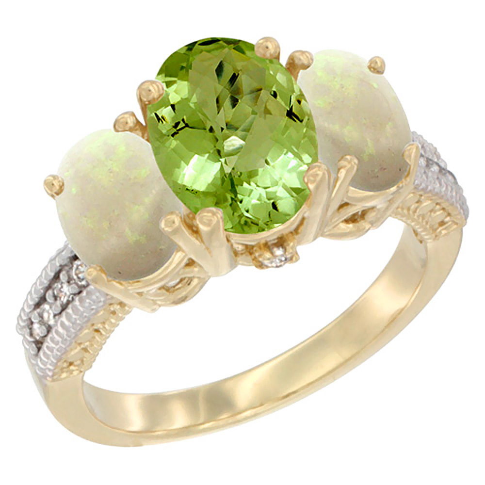 10K Yellow Gold Diamond Natural Peridot Ring 3-Stone Oval 8x6mm with Opal, sizes5-10