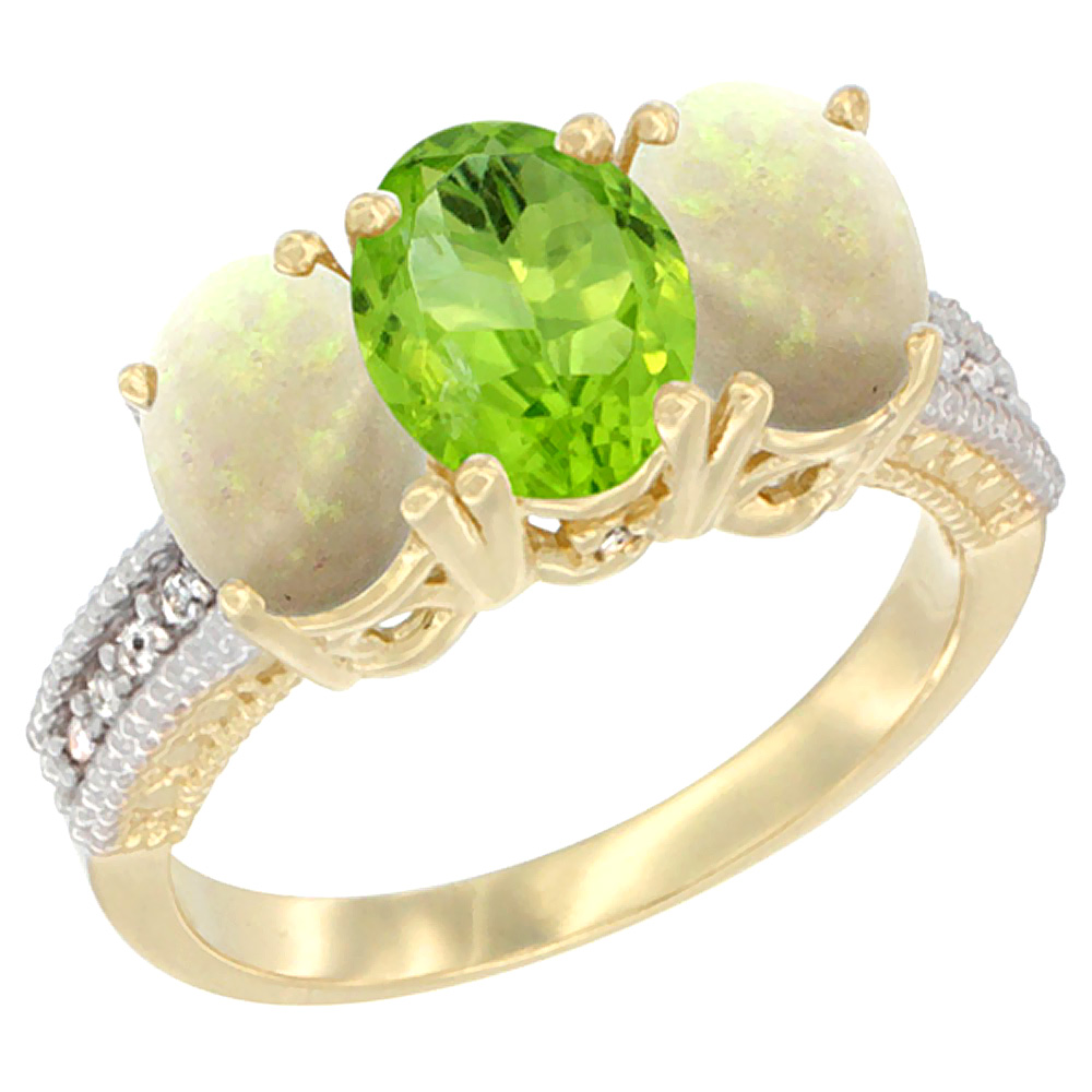 10K Yellow Gold Natural Peridot & Opal Ring 3-Stone Oval 7x5 mm Diamond Accent, sizes 5 - 10
