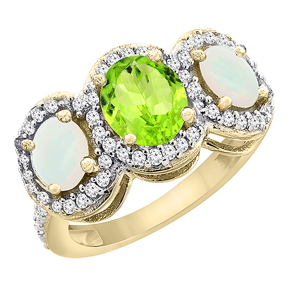 10K Yellow Gold Natural Peridot & Opal 3-Stone Ring Oval Diamond Accent, sizes 5 - 10