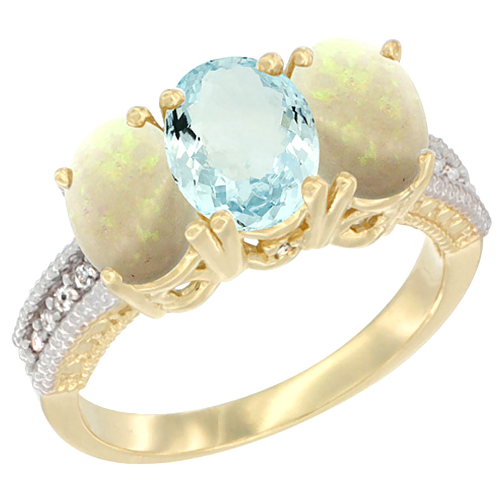 10K Yellow Gold Natural Aquamarine & Opal Ring 3-Stone Oval 7x5 mm Diamond Accent, sizes 5 - 10