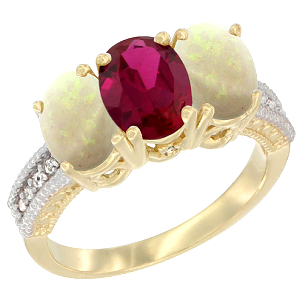 10K Yellow Gold Natural Ruby & Opal Ring 3-Stone Oval 7x5 mm Diamond Accent, sizes 5 - 10