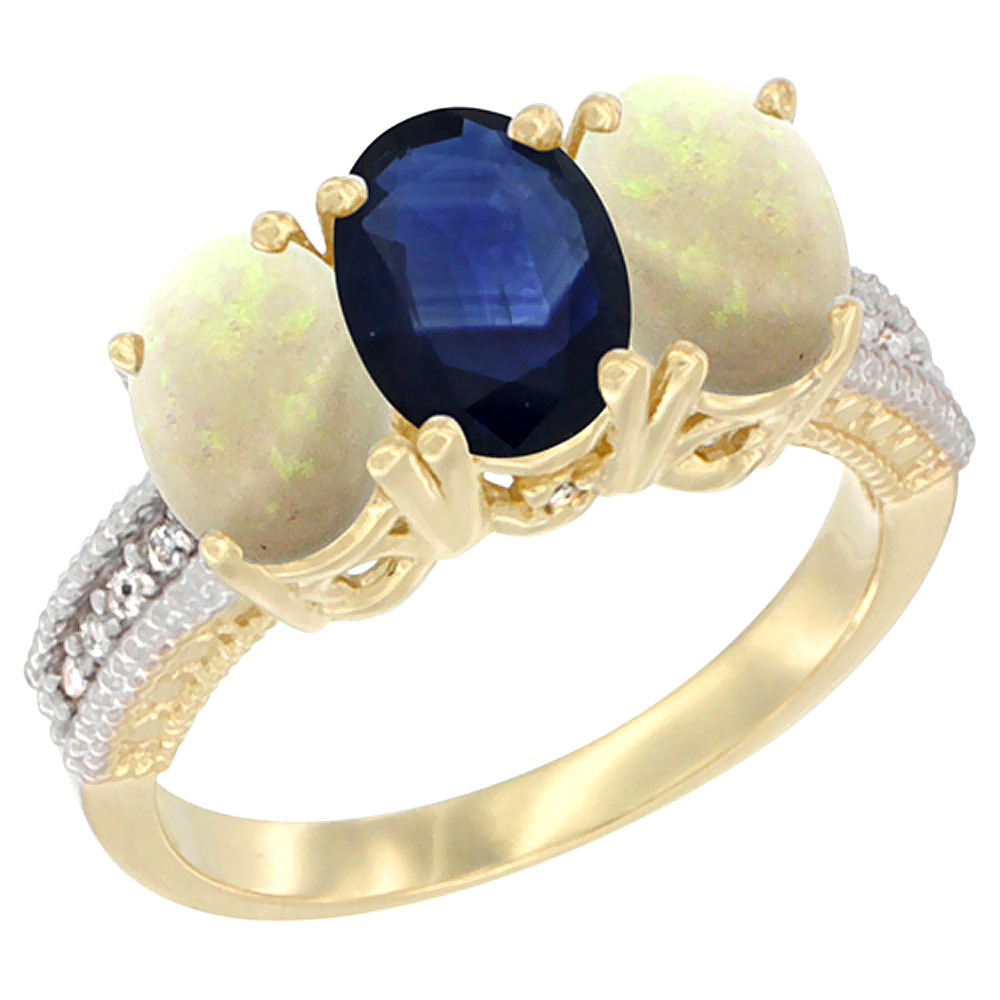 10K Yellow Gold Natural Blue Sapphire & Opal Ring 3-Stone Oval 7x5 mm Diamond Accent, sizes 5 - 10