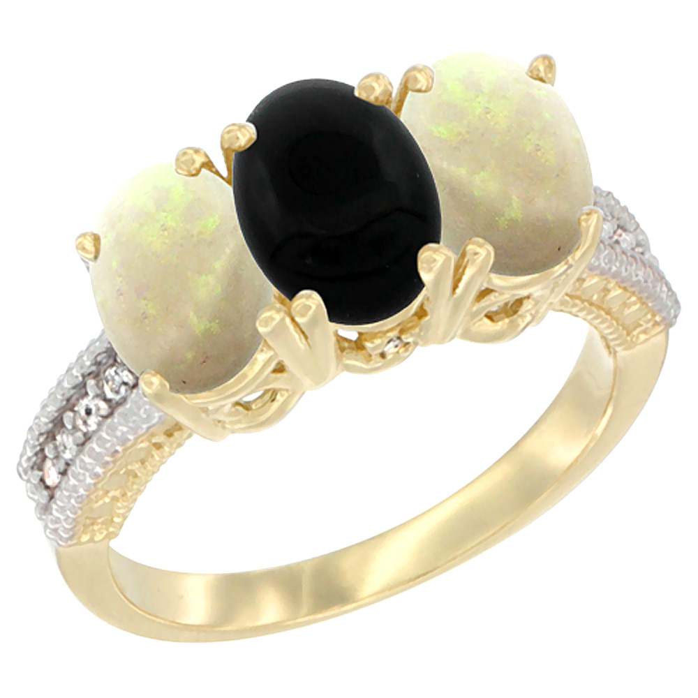 10K Yellow Gold Natural Black Onyx & Opal Ring 3-Stone Oval 7x5 mm Diamond Accent, sizes 5 - 10