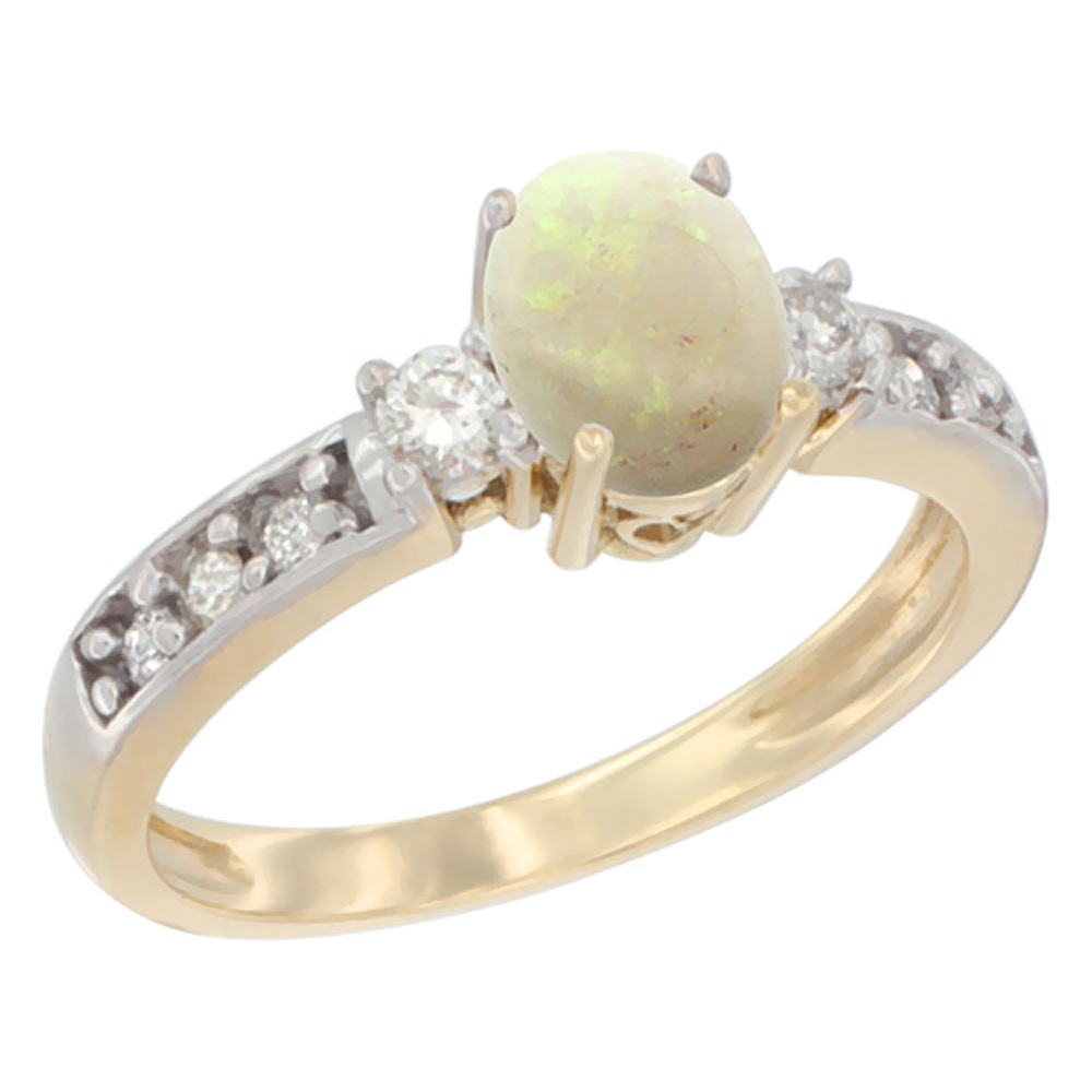 14K Yellow Gold Natural Opal Ring Oval 7x5 mm Diamond Accent, sizes 5 - 10