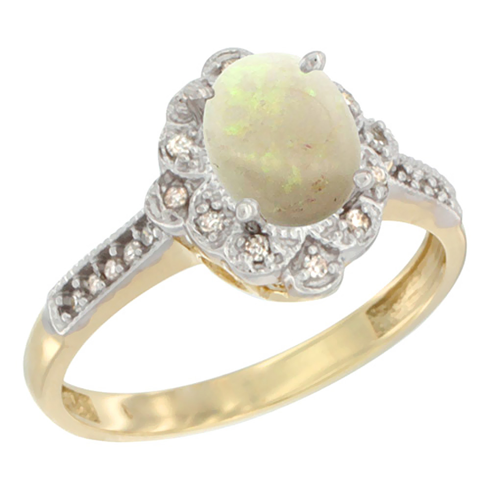 14K Yellow Gold Natural Opal Ring Oval 8x6 mm Floral Diamond Halo, sizes 5 - 10