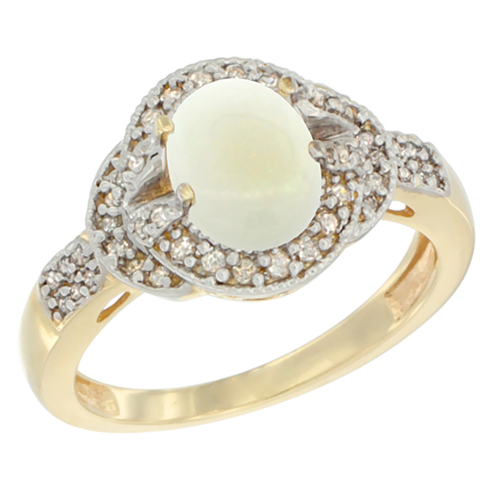 14K Yellow Gold Natural Opal Ring Oval 8x6 mm Diamond Accent, sizes 5 - 10
