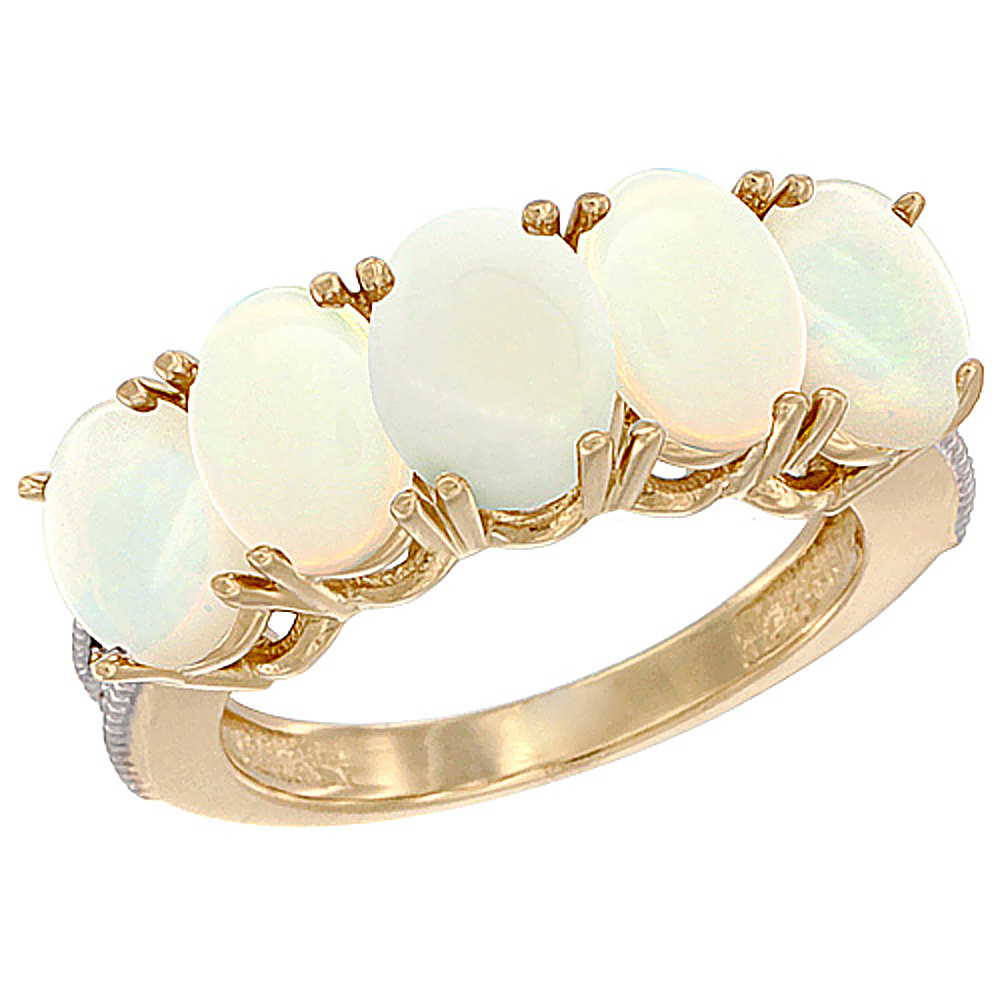 14K Yellow Gold Natural Opal 0.46 ct. Oval 7x5mm 5-Stone Mother's Ring with Diamond Accents, sizes 5 to 10 with half sizes