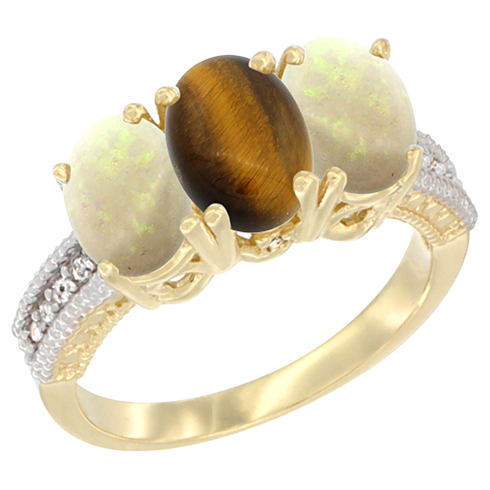 10K Yellow Gold Natural Tiger Eye & Opal Ring 3-Stone Oval 7x5 mm Diamond Accent, sizes 5 - 10