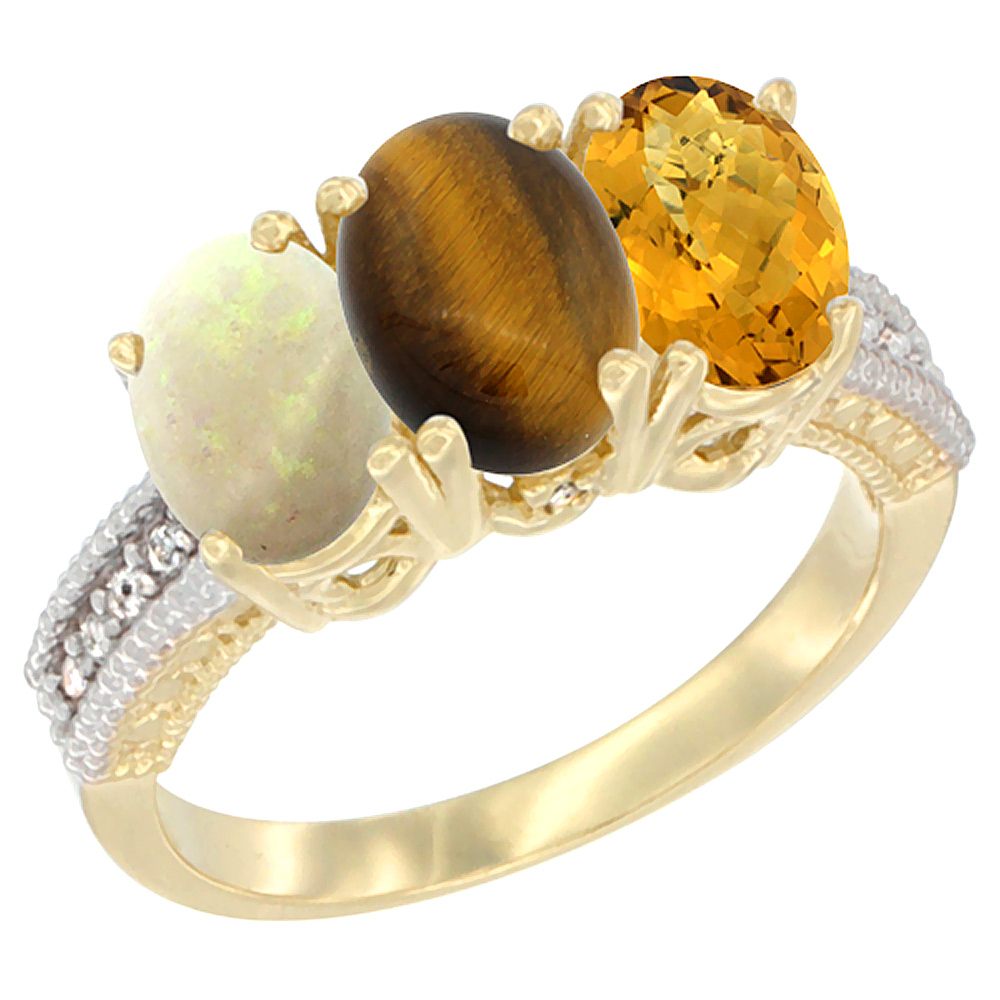 10K Yellow Gold Natural Opal, Tiger Eye & Whisky Quartz Ring 3-Stone Oval 7x5 mm Diamond Accent, sizes 5 - 10