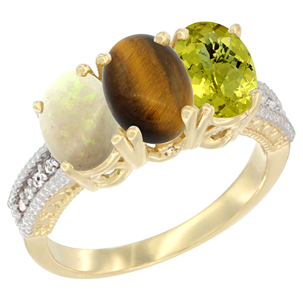 10K Yellow Gold Natural Opal, Tiger Eye & Lemon Quartz Ring 3-Stone Oval 7x5 mm Diamond Accent, sizes 5 - 10