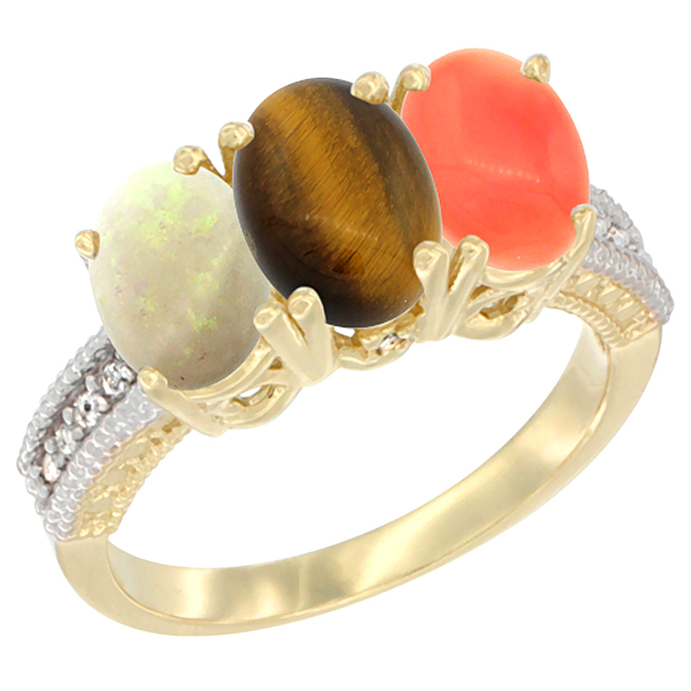 10K Yellow Gold Natural Opal, Tiger Eye & Coral Ring 3-Stone Oval 7x5 mm Diamond Accent, sizes 5 - 10