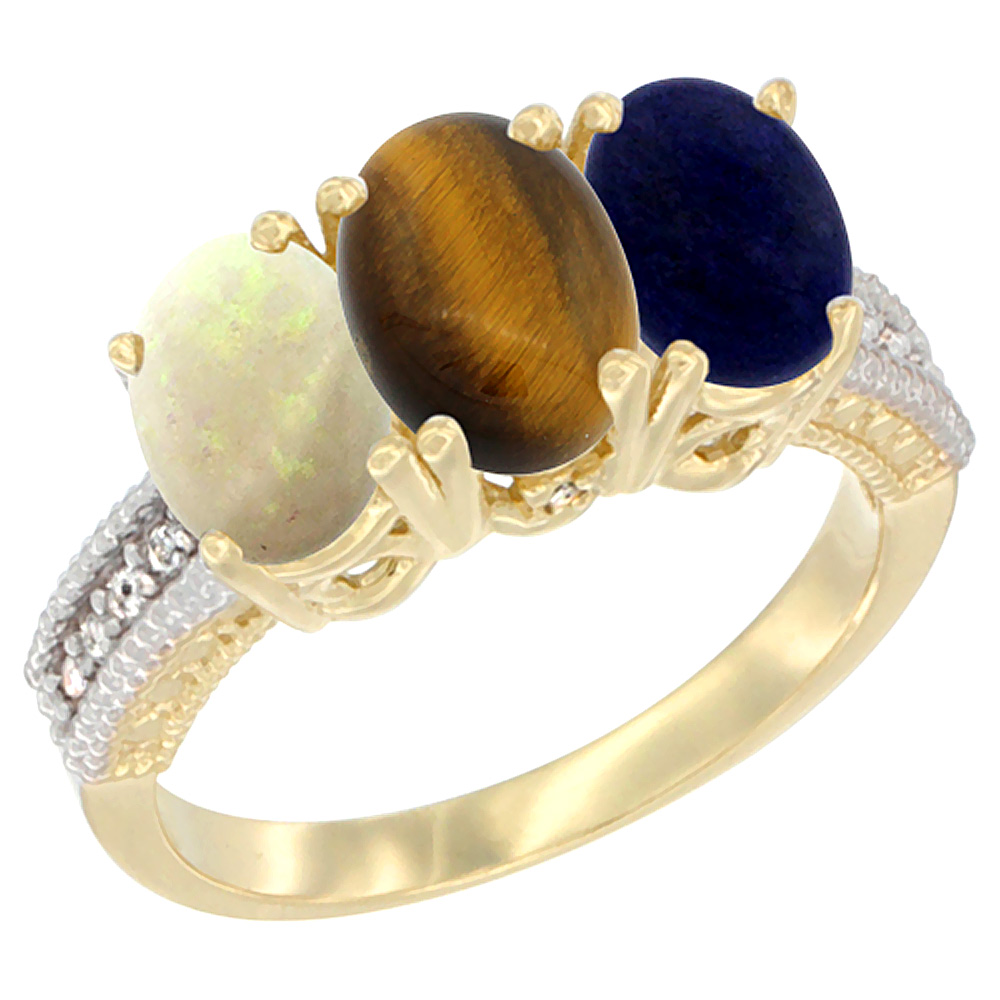 10K Yellow Gold Natural Opal, Tiger Eye & Lapis Ring 3-Stone Oval 7x5 mm Diamond Accent, sizes 5 - 10