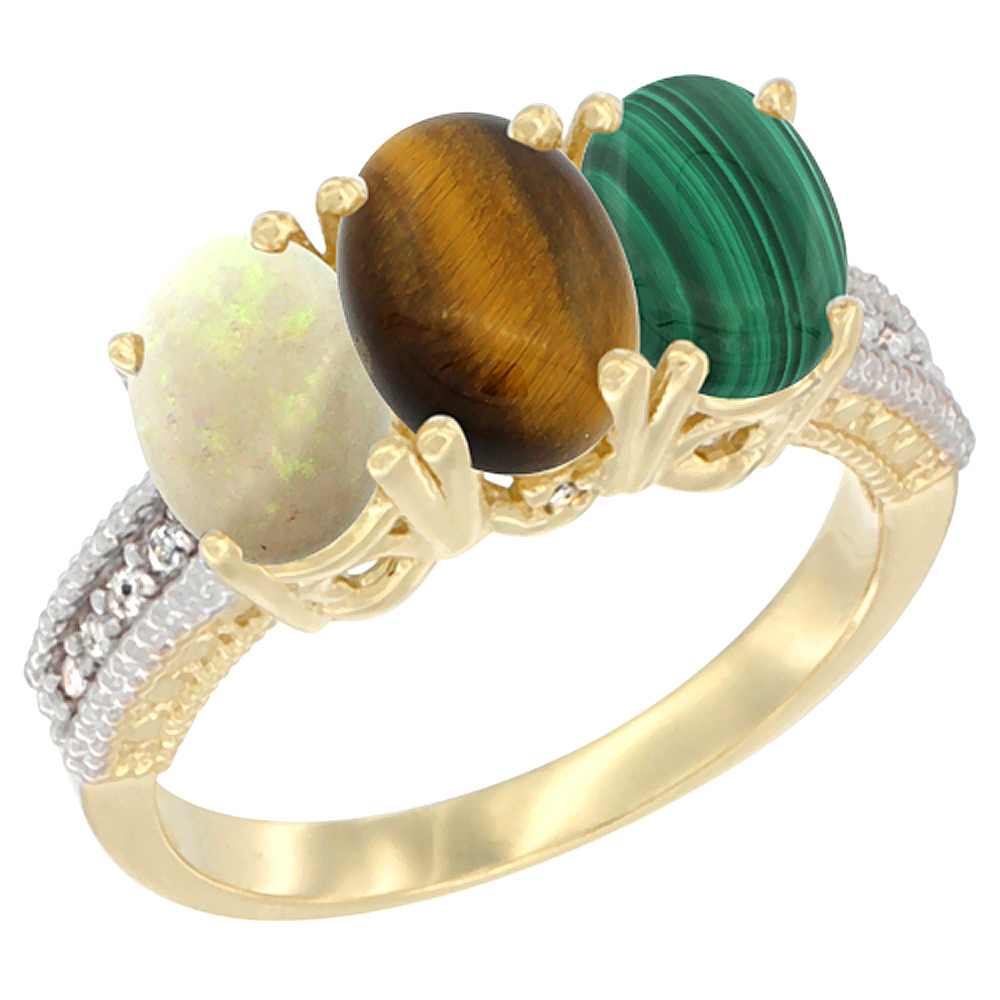 10K Yellow Gold Natural Opal, Tiger Eye & Malachite Ring 3-Stone Oval 7x5 mm Diamond Accent, sizes 5 - 10