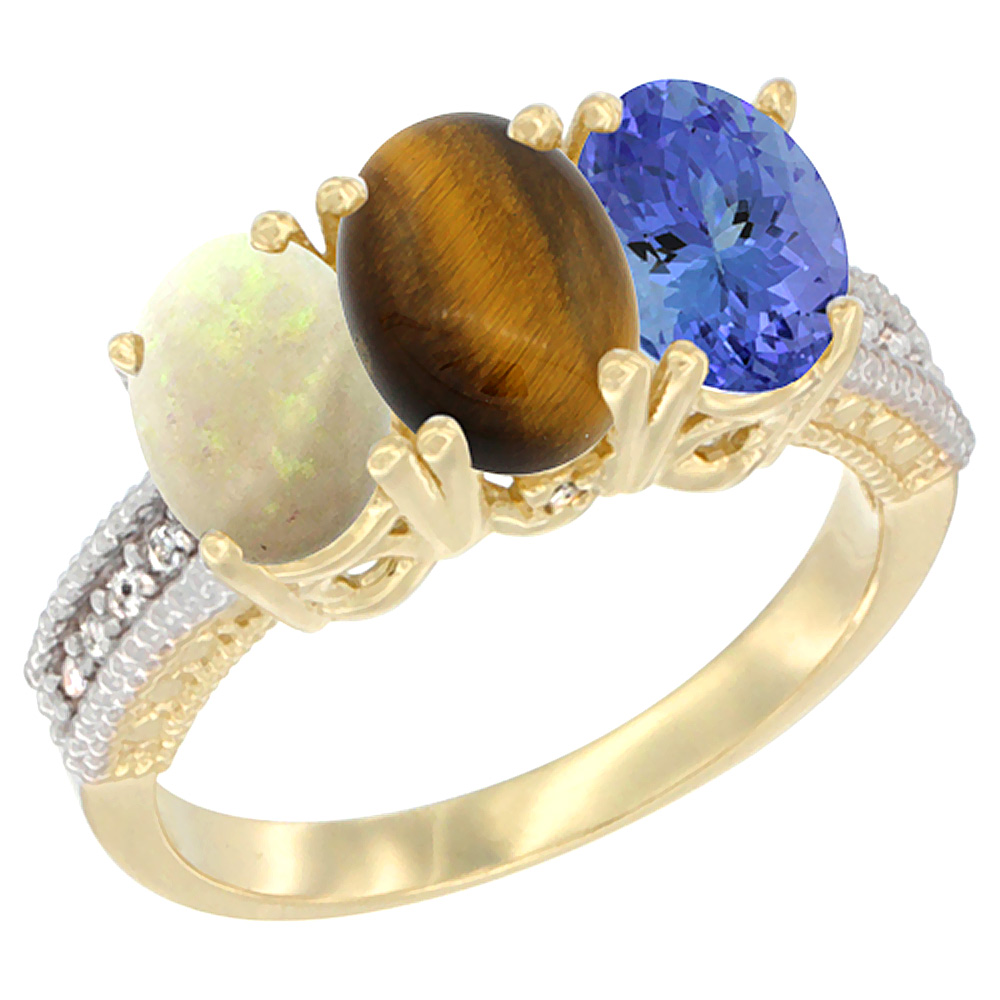 10K Yellow Gold Natural Opal, Tiger Eye & Tanzanite Ring 3-Stone Oval 7x5 mm Diamond Accent, sizes 5 - 10
