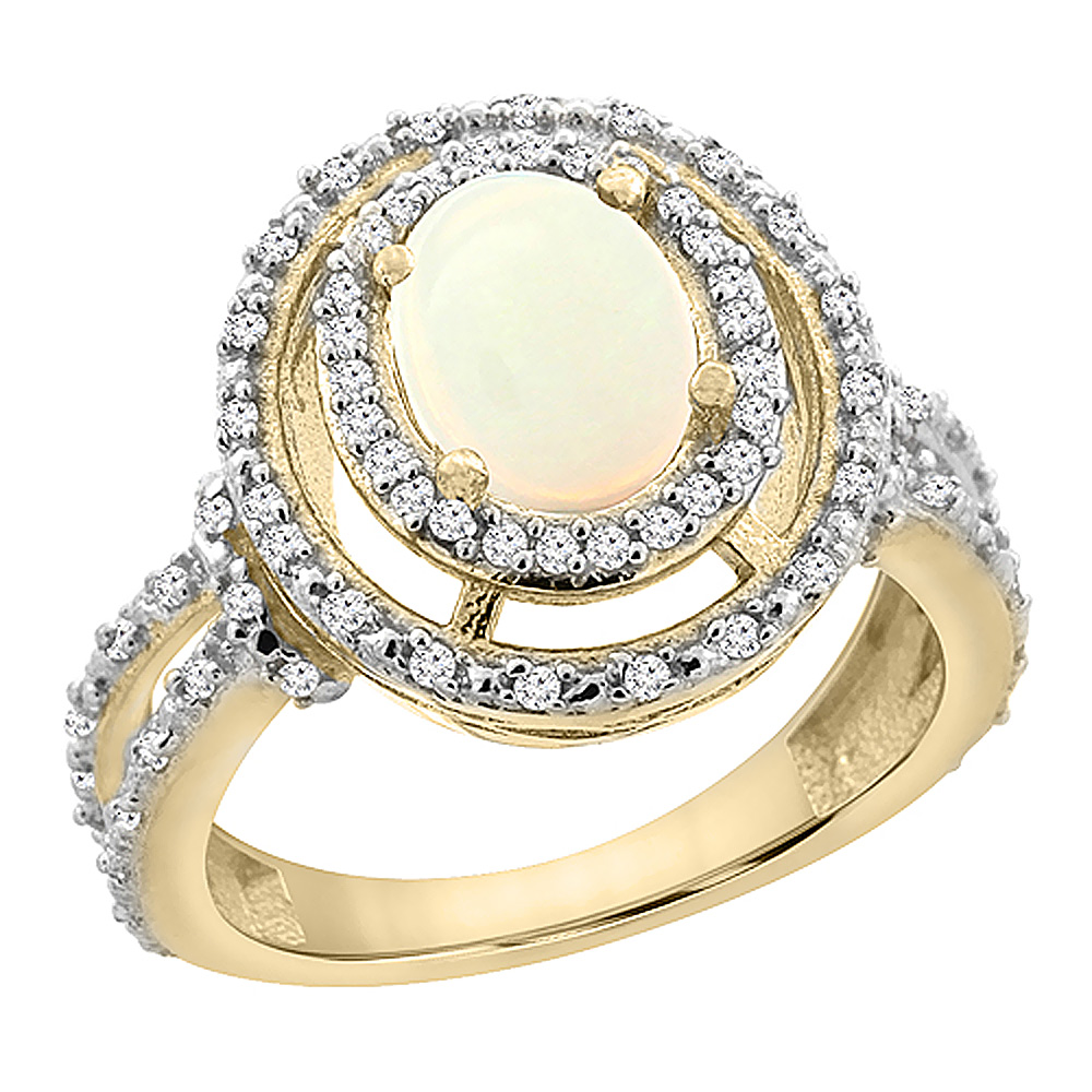 14K Yellow Gold Natural Opal Ring Oval 8x6 mm Double Halo Diamond, sizes 5 - 10