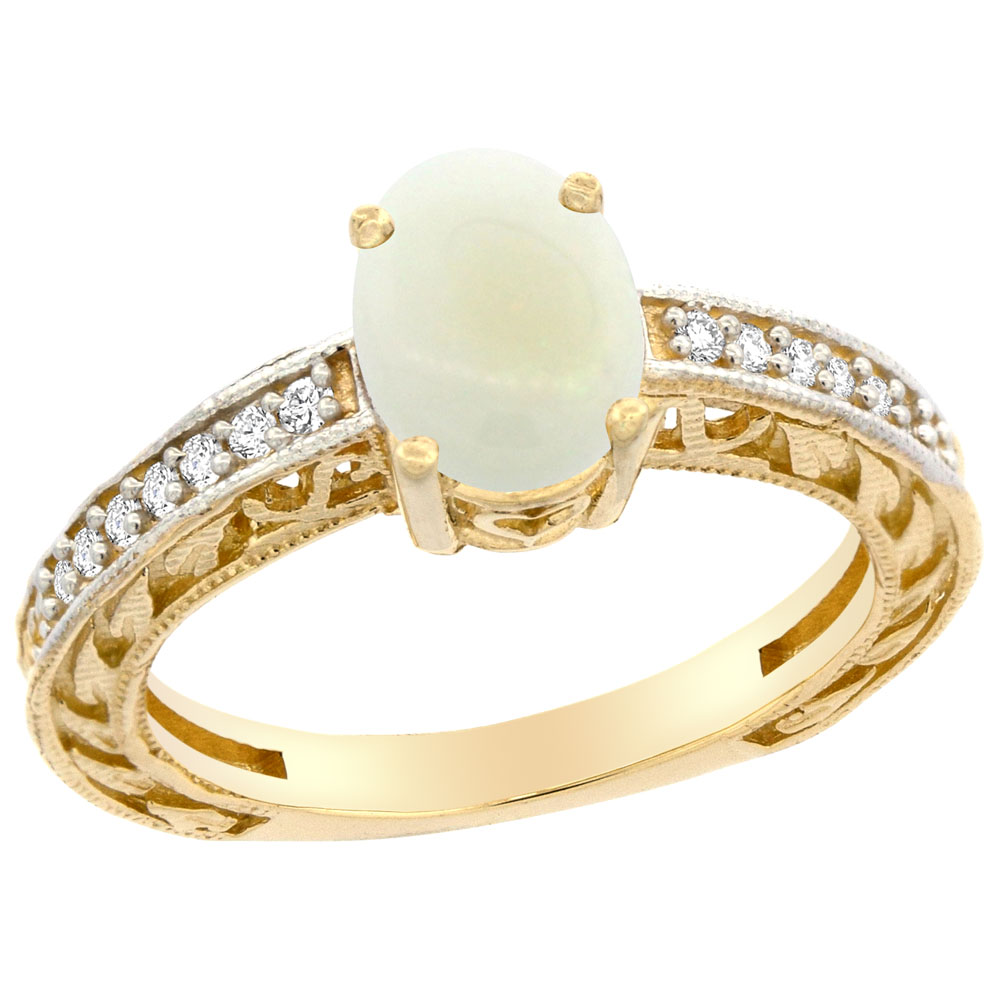 14K Gold Natural Opal Ring Oval 8x6 mm Diamond Accents, sizes 5 - 10