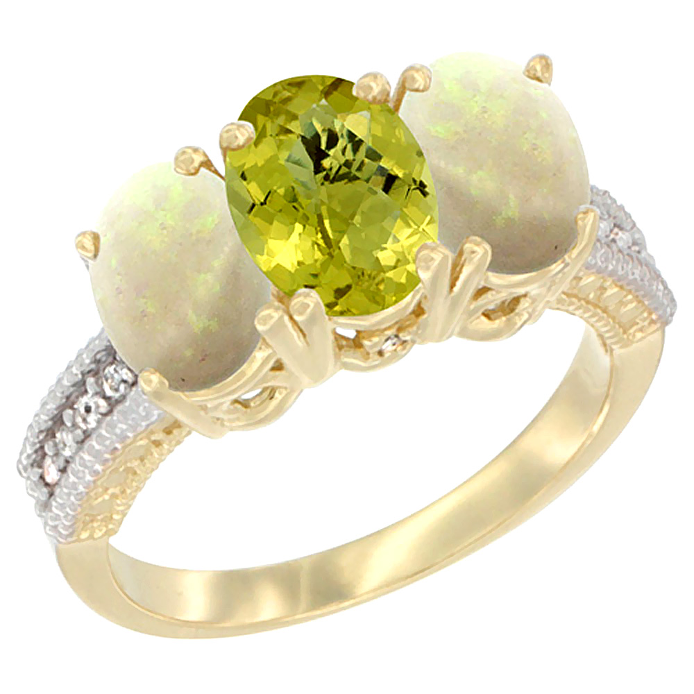 10K Yellow Gold Natural Lemon Quartz & Opal Ring 3-Stone Oval 7x5 mm Diamond Accent, sizes 5 - 10