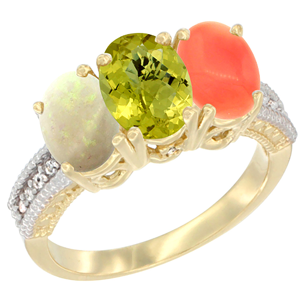 10K Yellow Gold Natural Opal, Lemon Quartz & Coral Ring 3-Stone Oval 7x5 mm Diamond Accent, sizes 5 - 10