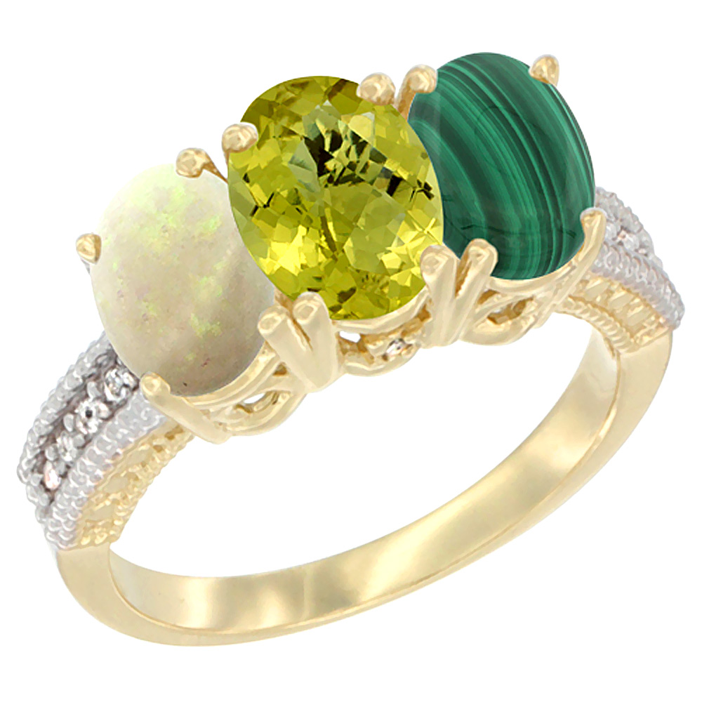10K Yellow Gold Natural Opal, Lemon Quartz & Malachite Ring 3-Stone Oval 7x5 mm Diamond Accent, sizes 5 - 10