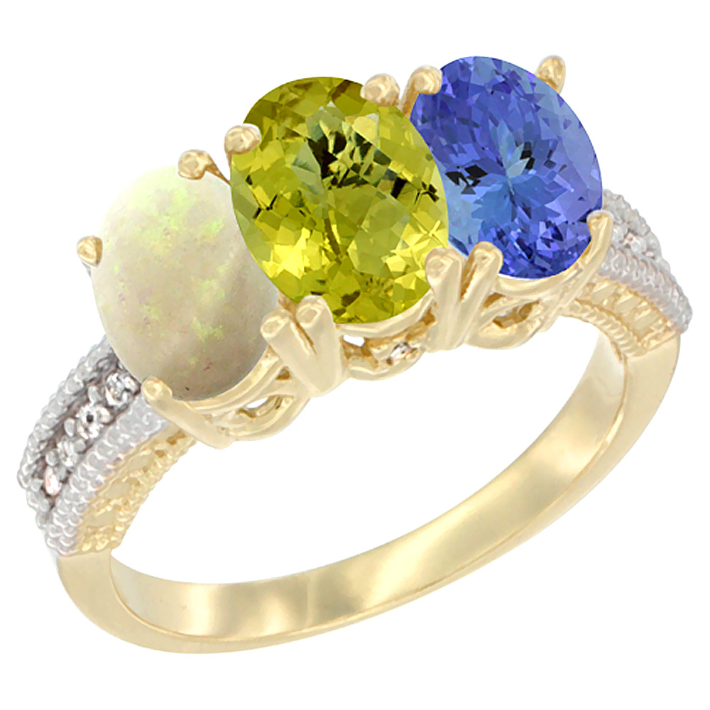 10K Yellow Gold Natural Opal, Lemon Quartz & Tanzanite Ring 3-Stone Oval 7x5 mm Diamond Accent, sizes 5 - 10