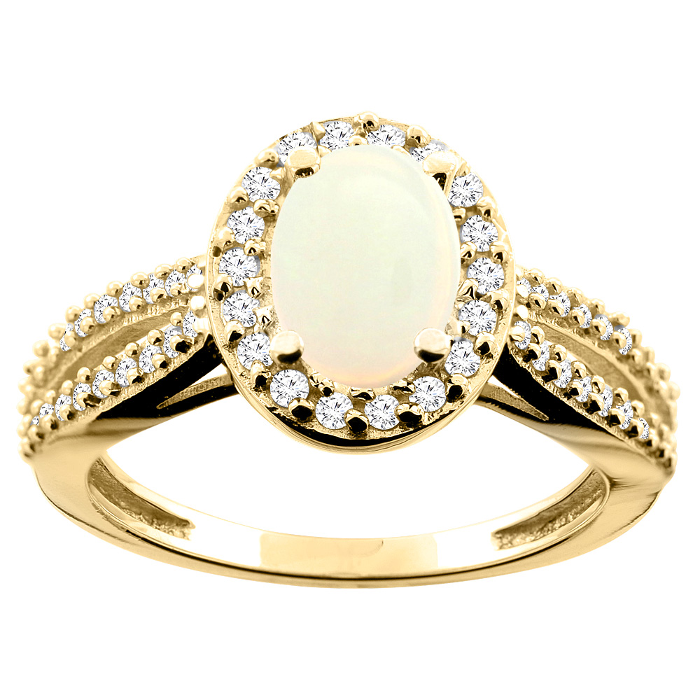 10K White/Yellow/Rose Gold Natural Opal Ring Oval 8x6mm Diamond Accent, size 5