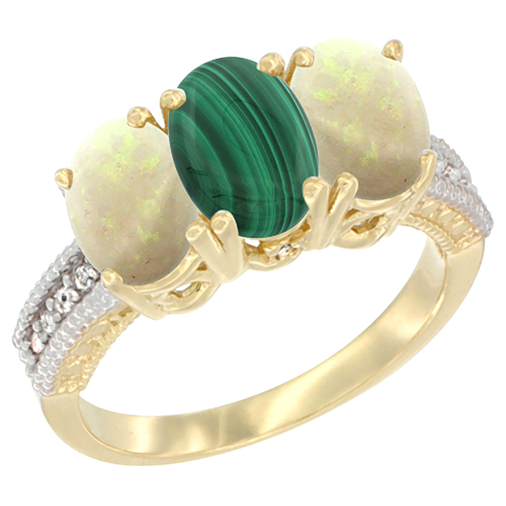 10K Yellow Gold Natural Malachite & Opal Ring 3-Stone Oval 7x5 mm Diamond Accent, sizes 5 - 10