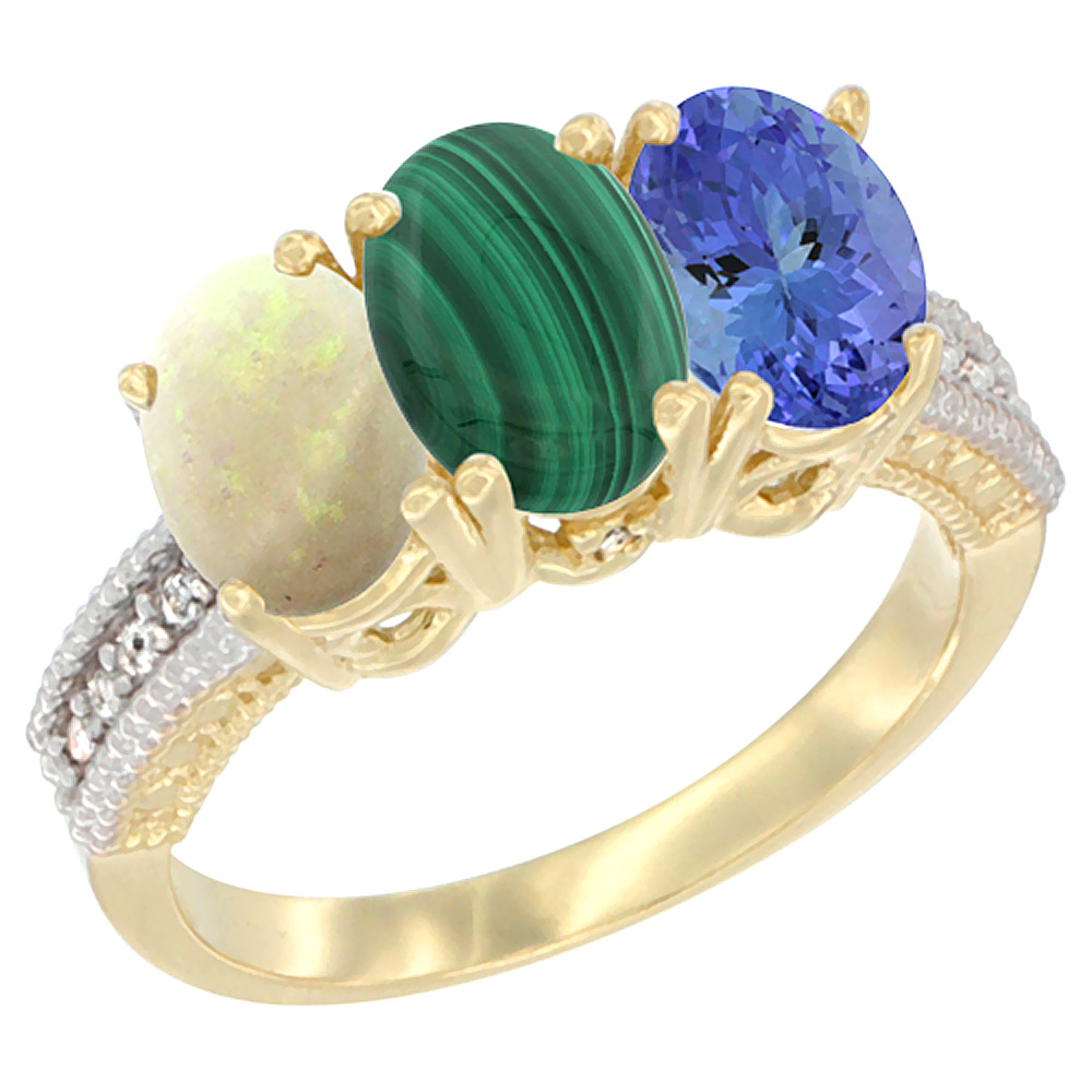 10K Yellow Gold Natural Opal, Malachite & Tanzanite Ring 3-Stone Oval 7x5 mm Diamond Accent, sizes 5 - 10