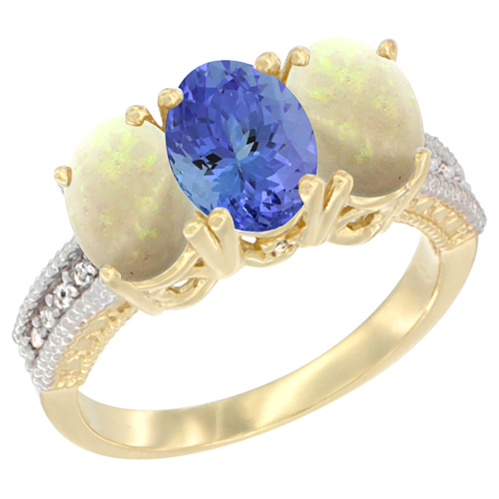 10K Yellow Gold Natural Tanzanite & Opal Ring 3-Stone Oval 7x5 mm Diamond Accent, sizes 5 - 10