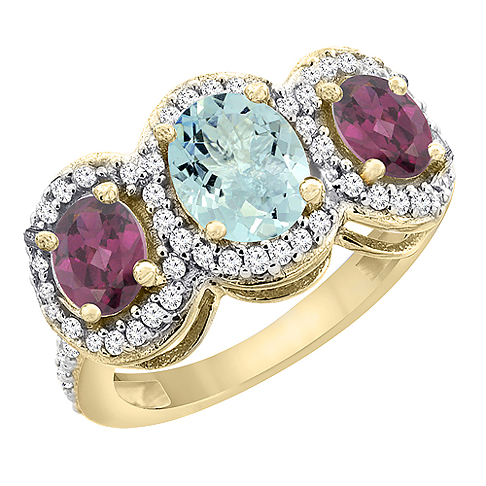 10K Yellow Gold Natural Aquamarine & Rhodolite 3-Stone Ring Oval Diamond Accent, sizes 5 - 10