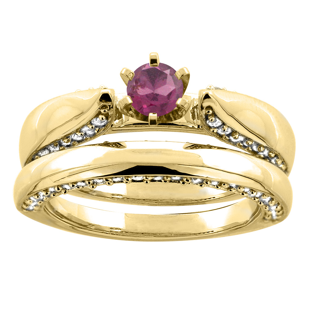 10K Yellow Gold Natural Rhodolite 2-piece Bridal Ring Set Diamond Accents Round 5mm, sizes 5 - 10