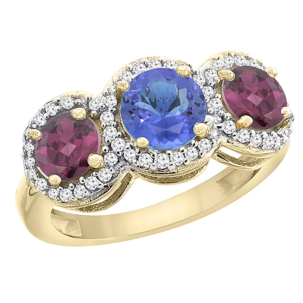 10K Yellow Gold Natural Tanzanite & Rhodolite Sides Round 3-stone Ring Diamond Accents, sizes 5 - 10