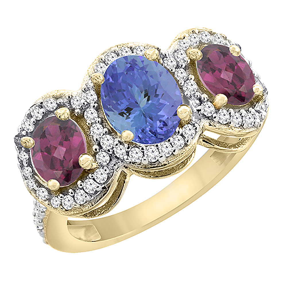 10K Yellow Gold Natural Tanzanite & Rhodolite 3-Stone Ring Oval Diamond Accent, sizes 5 - 10