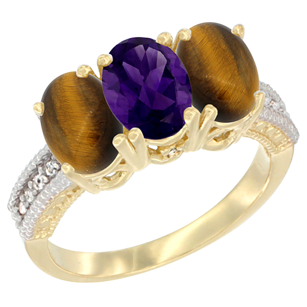 10K Yellow Gold Natural Amethyst & Tiger Eye Ring 3-Stone Oval 7x5 mm Diamond Accent, sizes 5 - 10