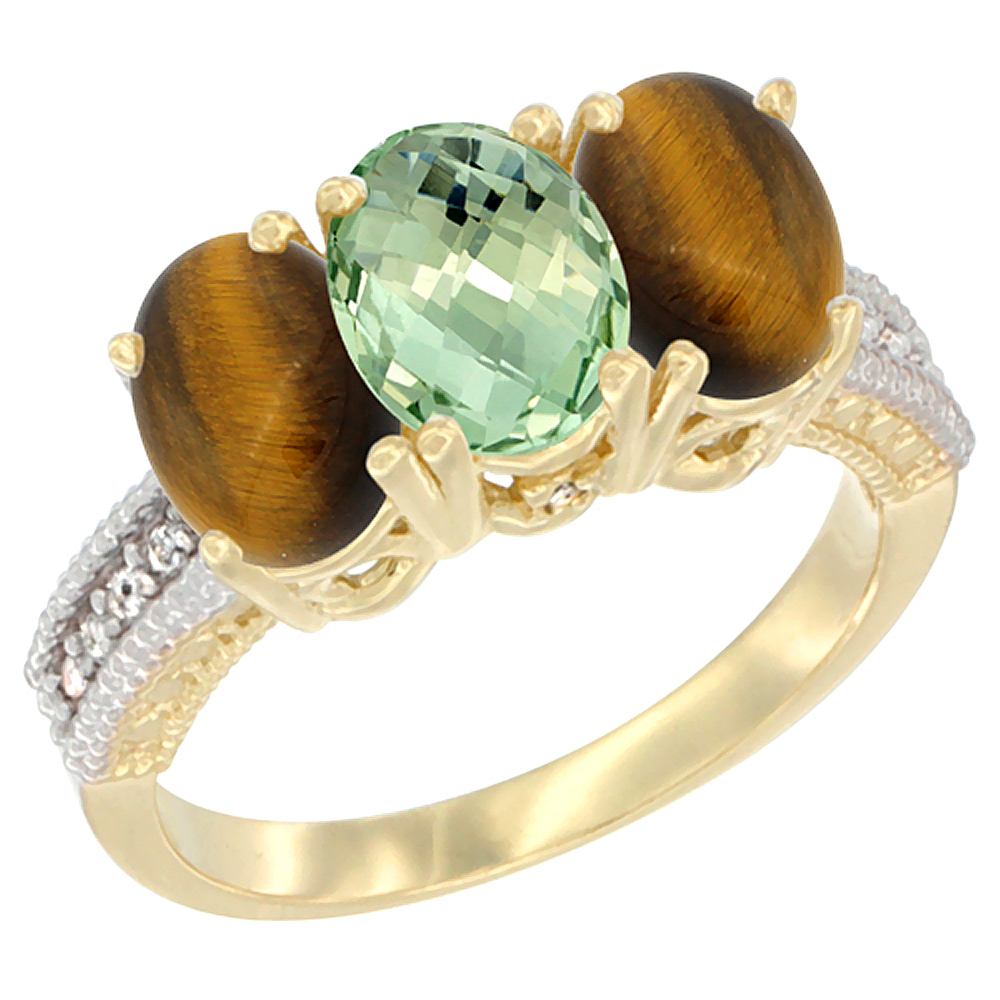10K Yellow Gold Natural Green Amethyst & Tiger Eye Ring 3-Stone Oval 7x5 mm Diamond Accent, sizes 5 - 10