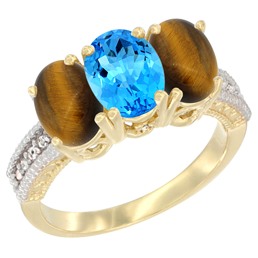 10K Yellow Gold Natural Swiss Blue Topaz & Tiger Eye Ring 3-Stone Oval 7x5 mm Diamond Accent, sizes 5 - 10