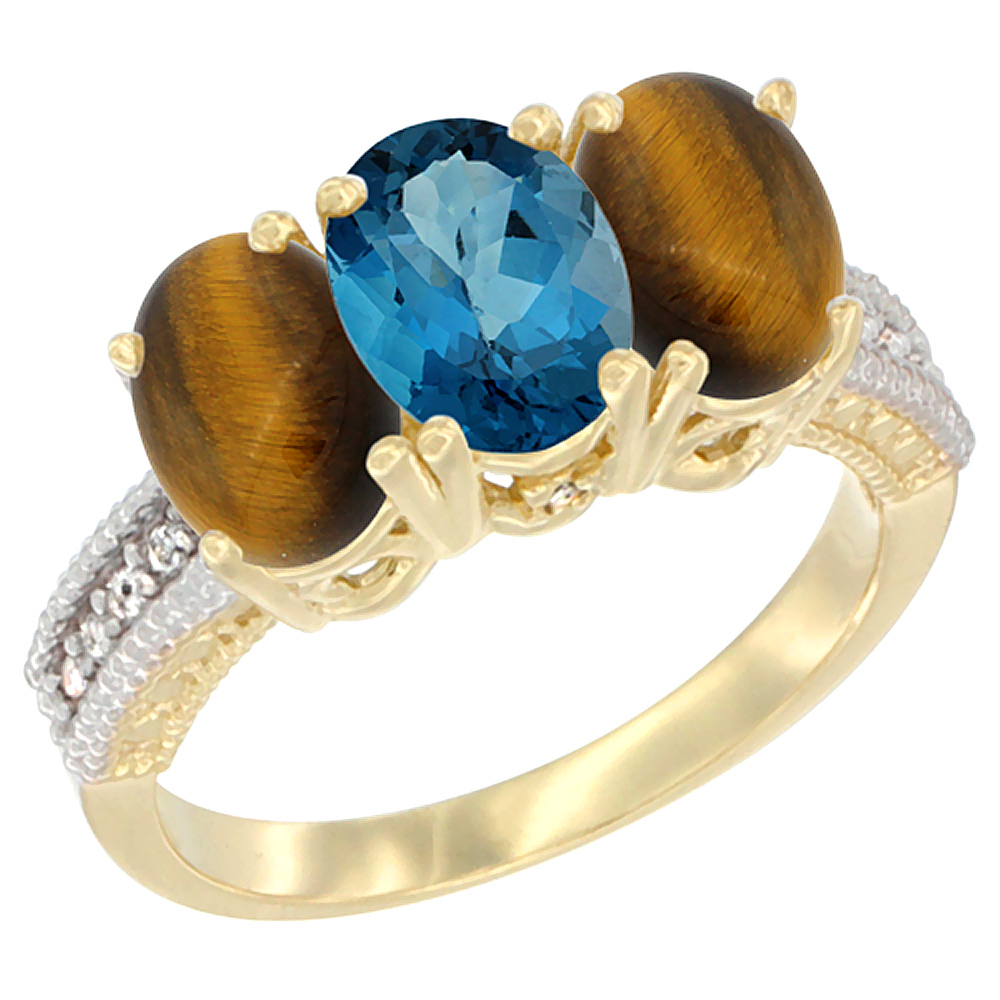 10K Yellow Gold Natural London Blue Topaz & Tiger Eye Ring 3-Stone Oval 7x5 mm Diamond Accent, sizes 5 - 10
