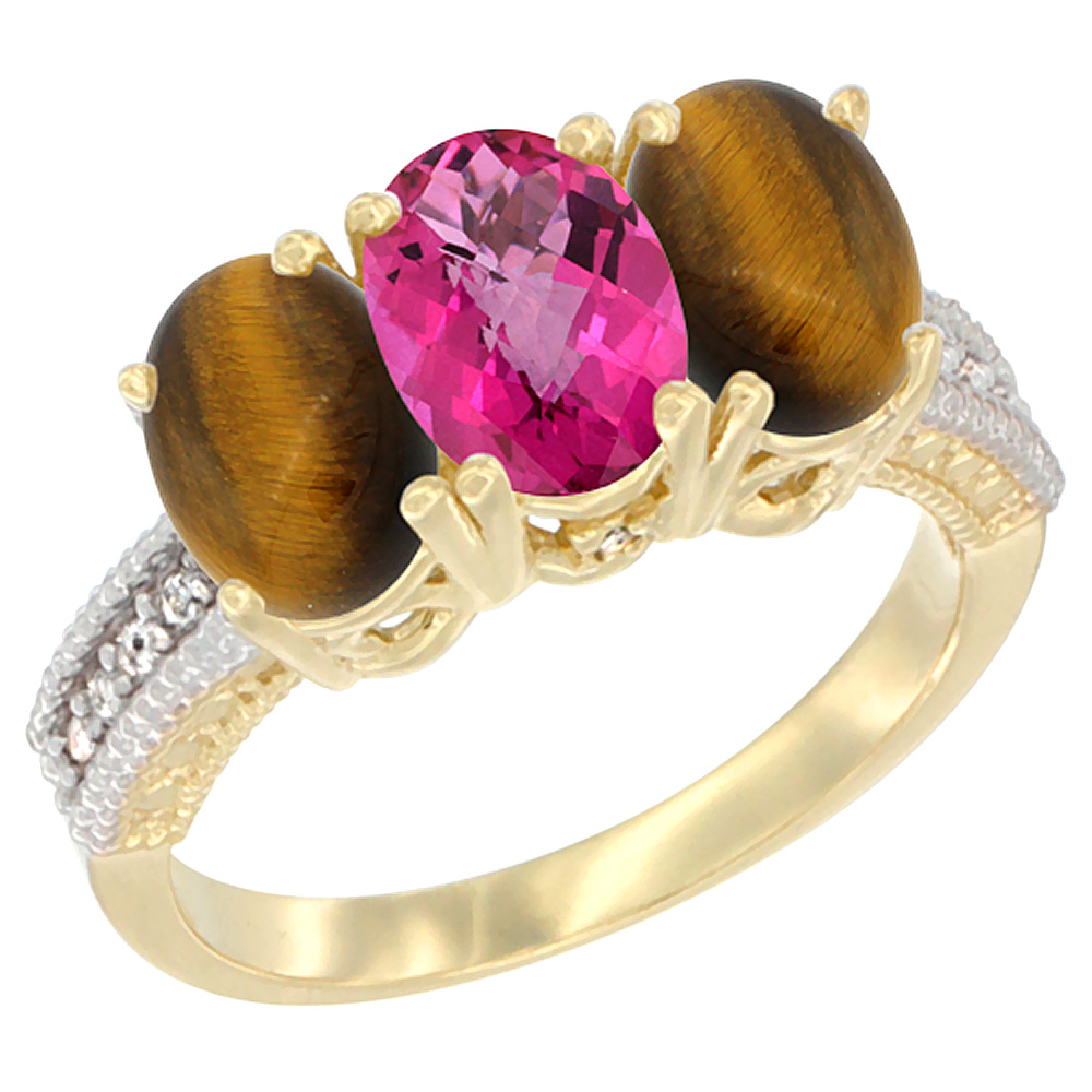 10K Yellow Gold Natural Pink Topaz & Tiger Eye Ring 3-Stone Oval 7x5 mm Diamond Accent, sizes 5 - 10