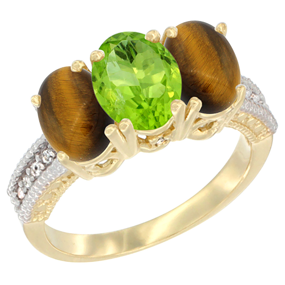 10K Yellow Gold Natural Peridot & Tiger Eye Ring 3-Stone Oval 7x5 mm Diamond Accent, sizes 5 - 10