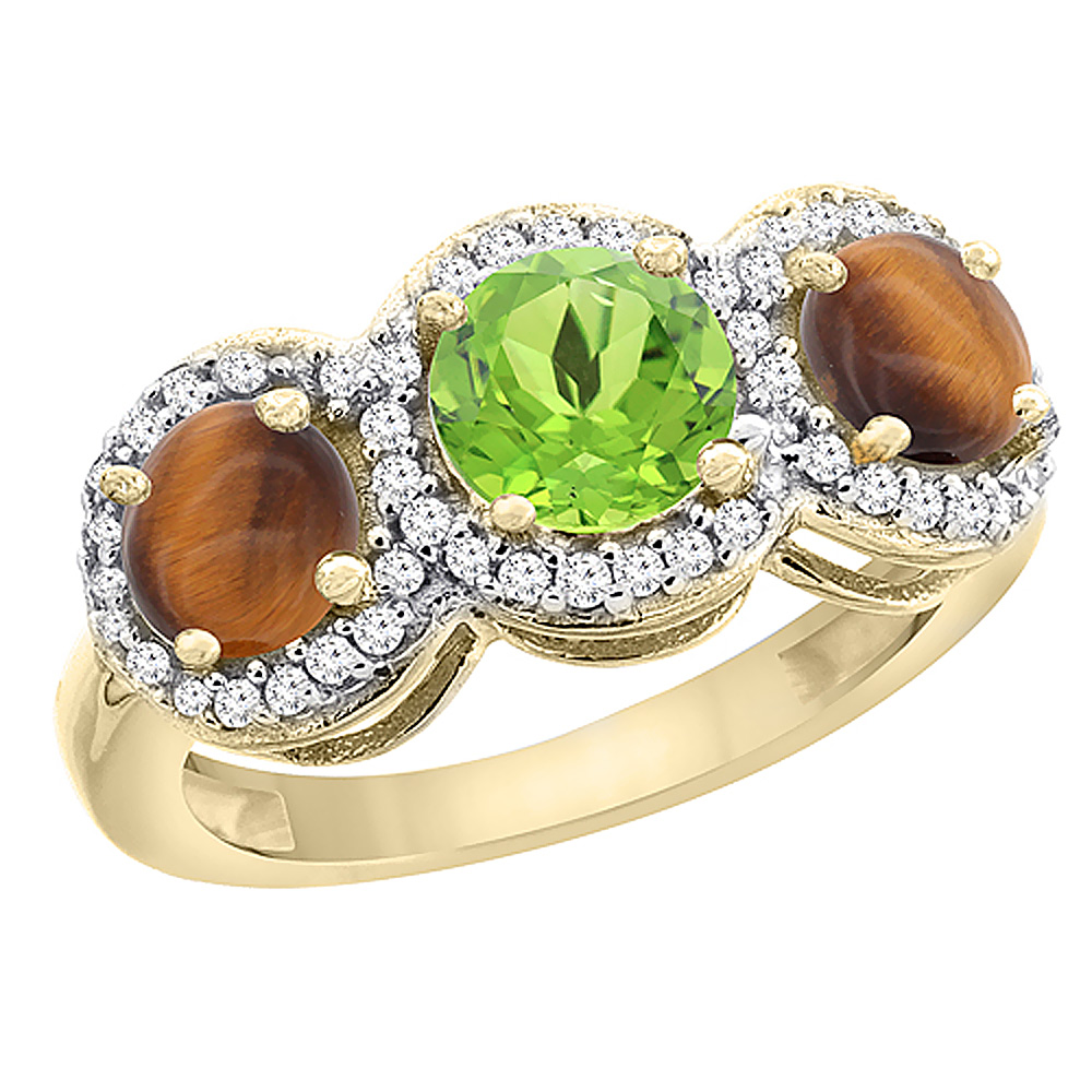 10K Yellow Gold Natural Peridot & Tiger Eye Sides Round 3-stone Ring Diamond Accents, sizes 5 - 10