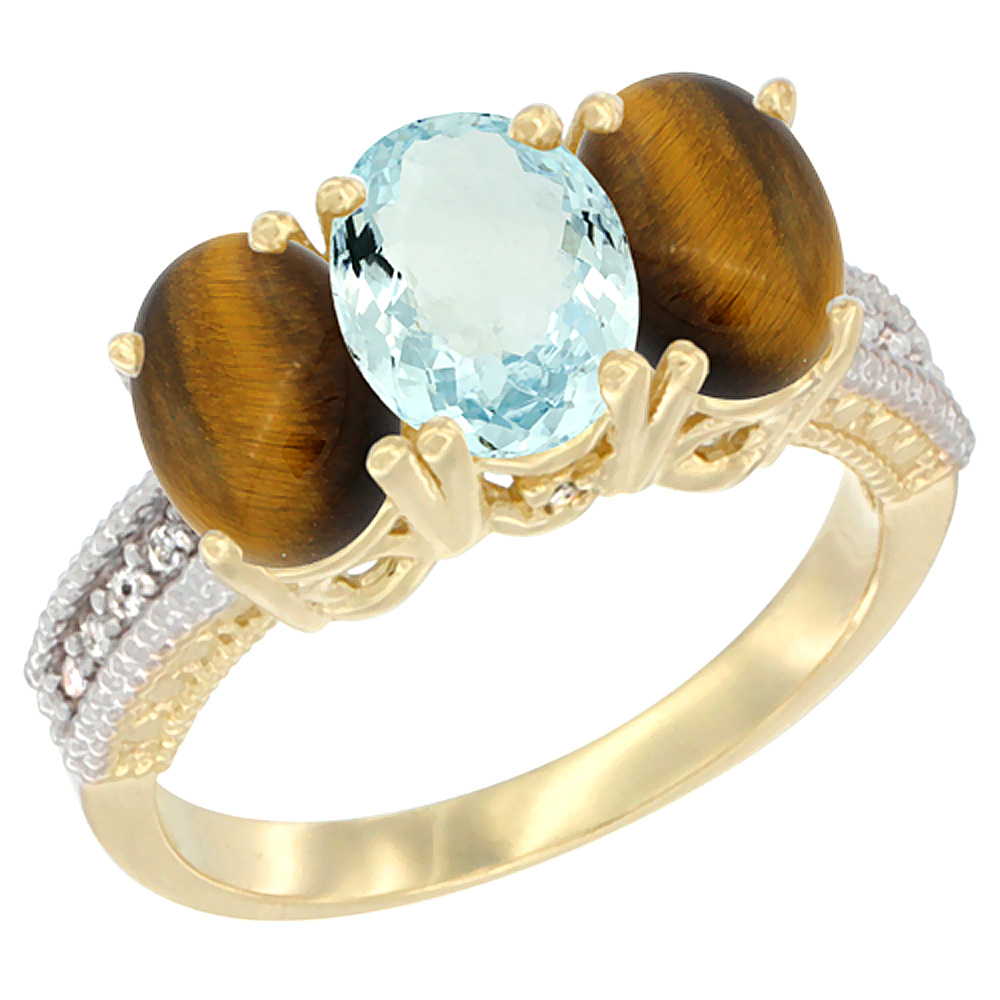 10K Yellow Gold Natural Aquamarine & Tiger Eye Ring 3-Stone Oval 7x5 mm Diamond Accent, sizes 5 - 10