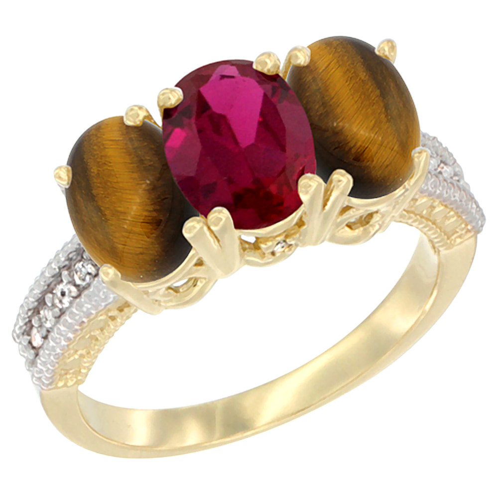 10K Yellow Gold Natural Ruby & Tiger Eye Ring 3-Stone Oval 7x5 mm Diamond Accent, sizes 5 - 10