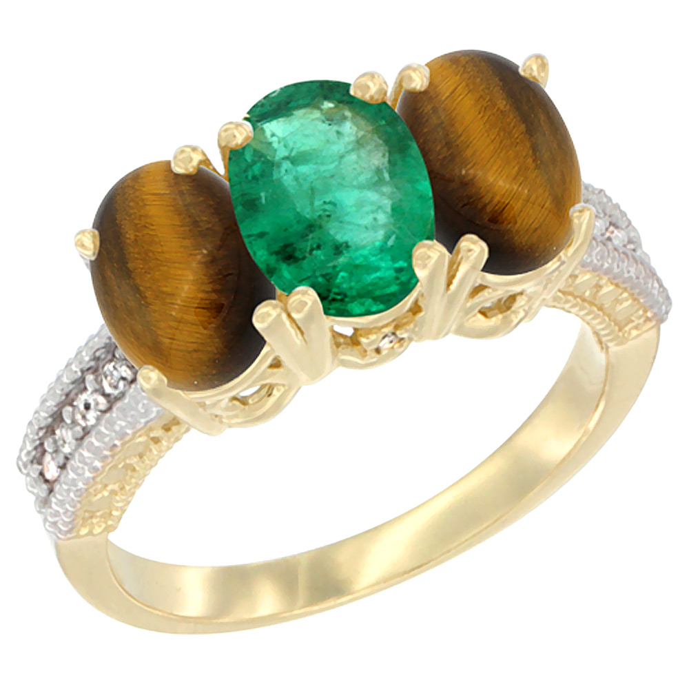 10K Yellow Gold Natural Emerald & Tiger Eye Ring 3-Stone Oval 7x5 mm Diamond Accent, sizes 5 - 10