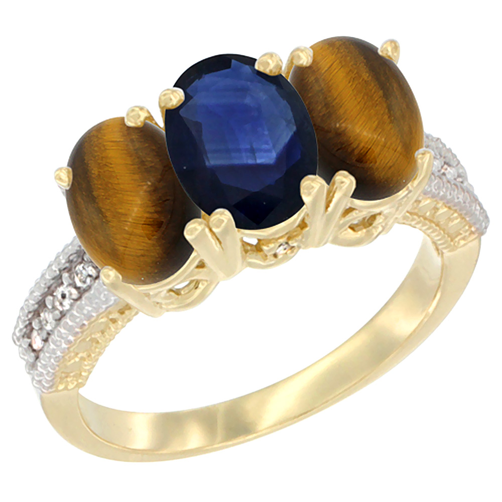 10K Yellow Gold Natural Blue Sapphire & Tiger Eye Ring 3-Stone Oval 7x5 mm Diamond Accent, sizes 5 - 10