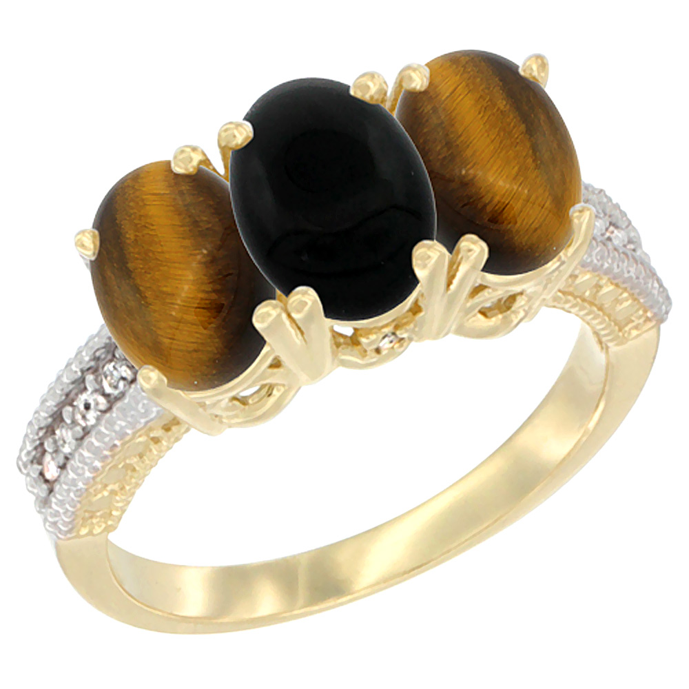 10K Yellow Gold Natural Black Onyx & Tiger Eye Ring 3-Stone Oval 7x5 mm Diamond Accent, sizes 5 - 10