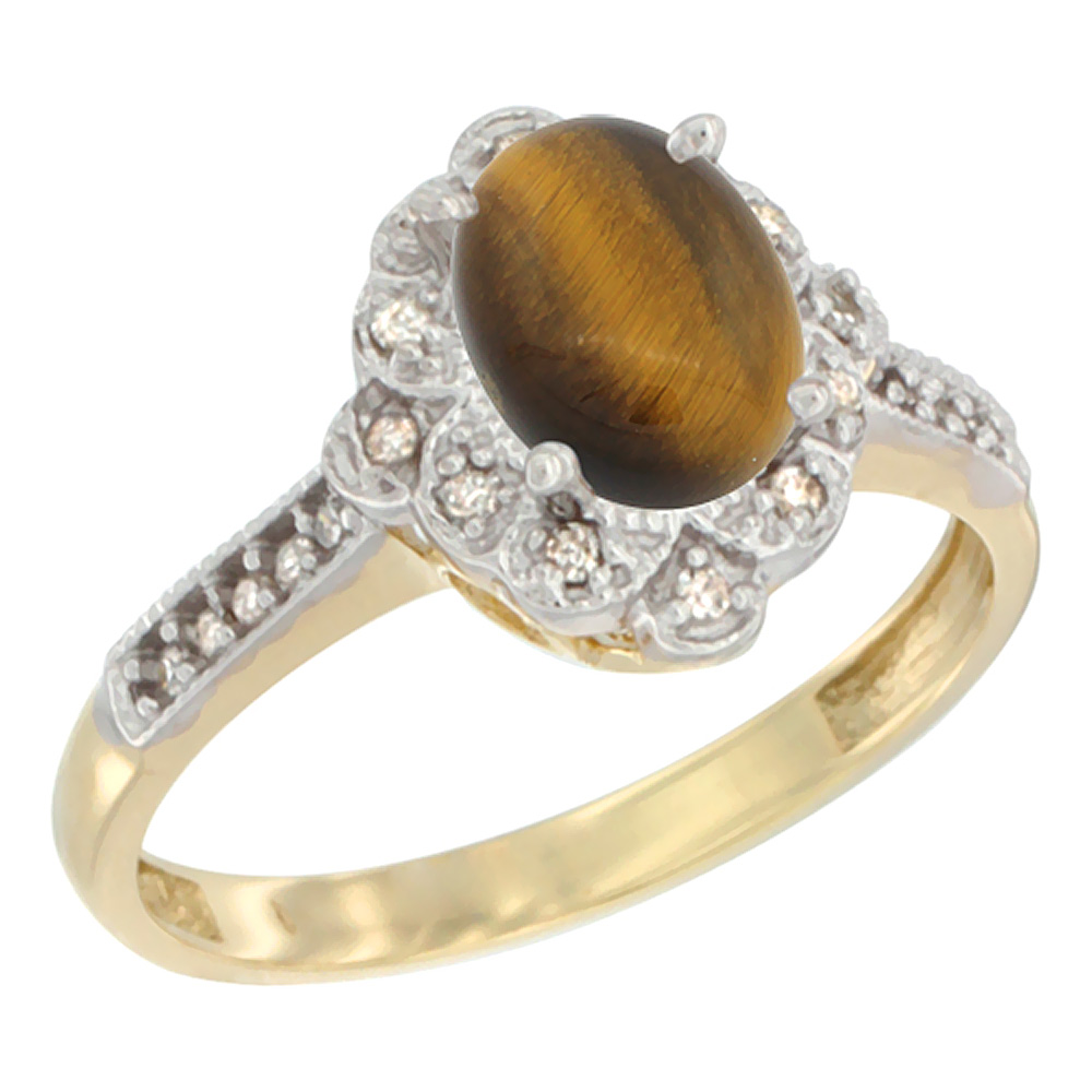 14K Yellow Gold Natural Tiger Eye Ring Oval 8x6 mm Floral Diamond Halo, sizes 5 - 10